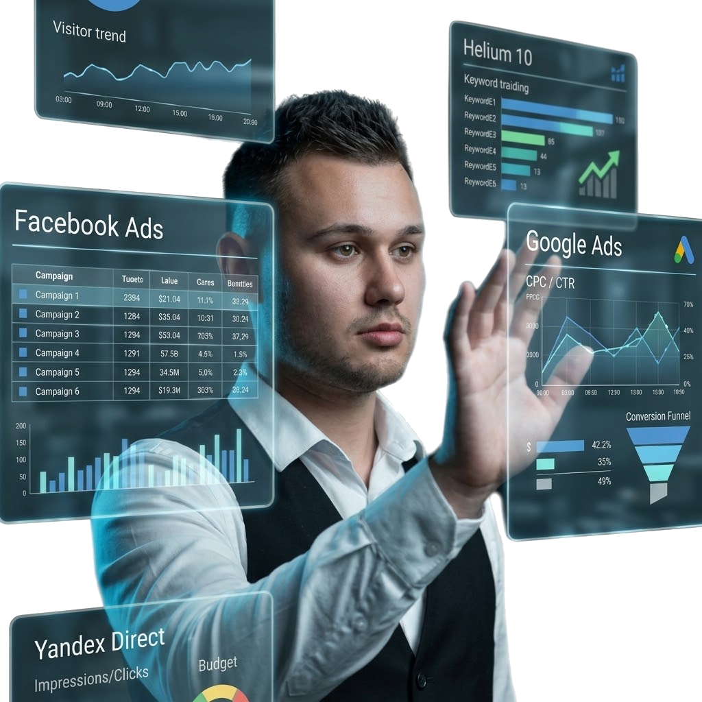 Кононюк Руслан анализирует данные: Google Analytics, Facebook Ads, Google Ads, Yandex Direct, Helium 10